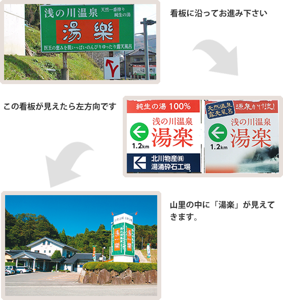 朝霧大橋を渡り湯涌街道にお進み下さい。浅の川温泉「湯楽」の看板が見えてきます。